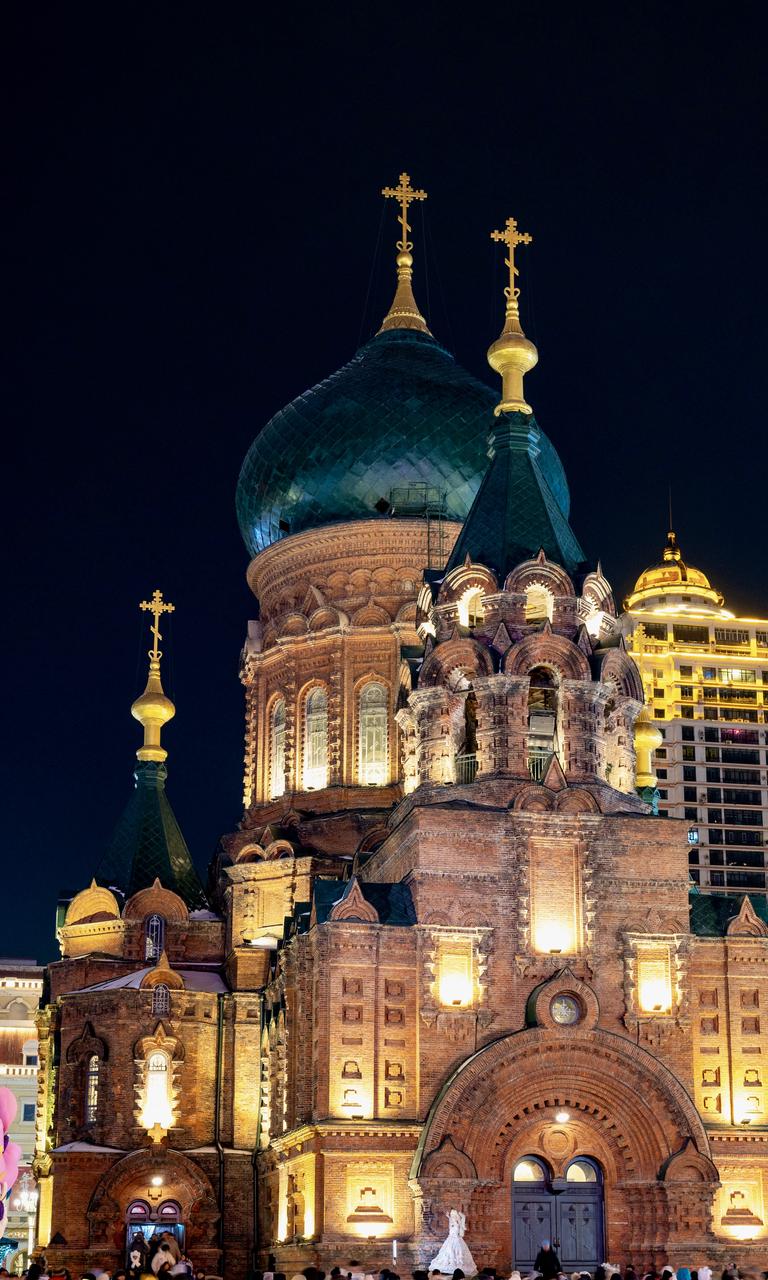 Saint Sophia Cathedral illuminated at night in Harbin