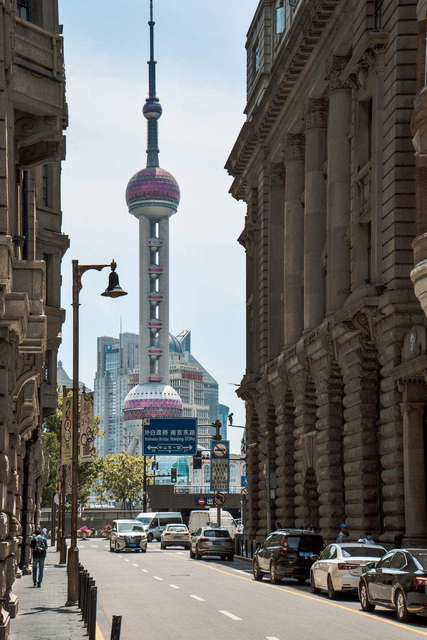 The Oriental Pearl Tower viewed from a Shanghai street