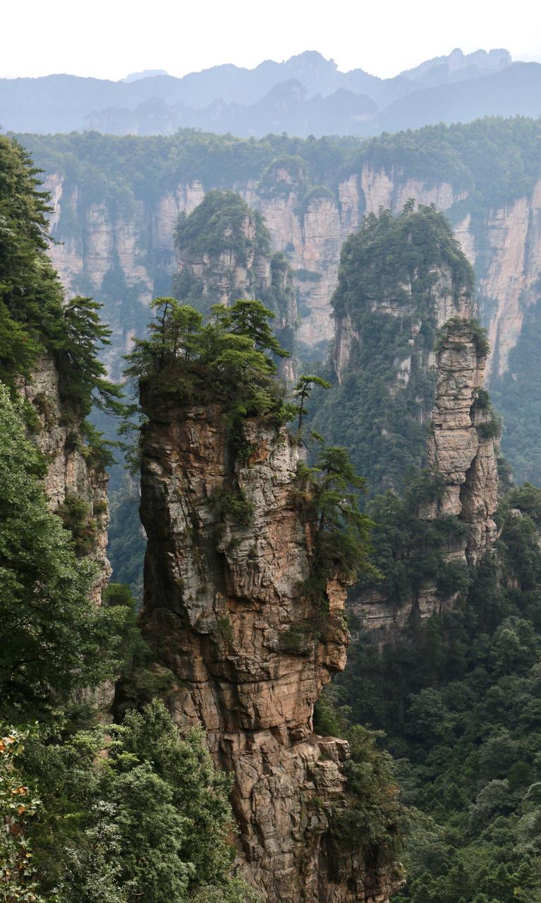 Towering sandstone pillars rising through mist in Zhangjiajie National Forest Park