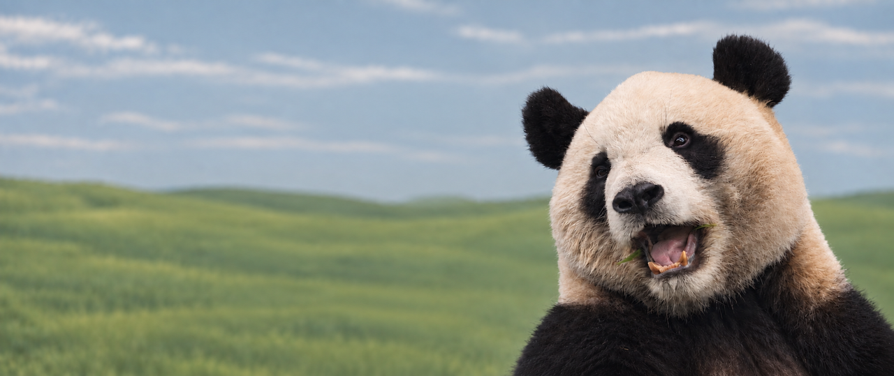 A giant panda in an open grassland in China